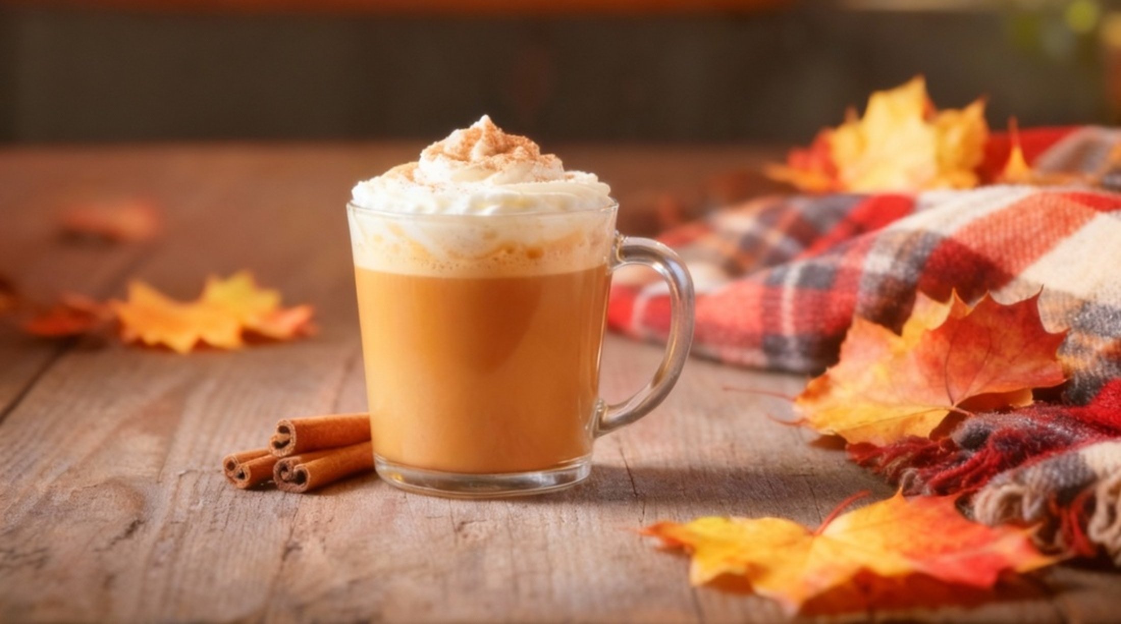 Image d'un café latte saupoudré de pumpkin spice dans une tasse avec des bâtons de cannelle à côté