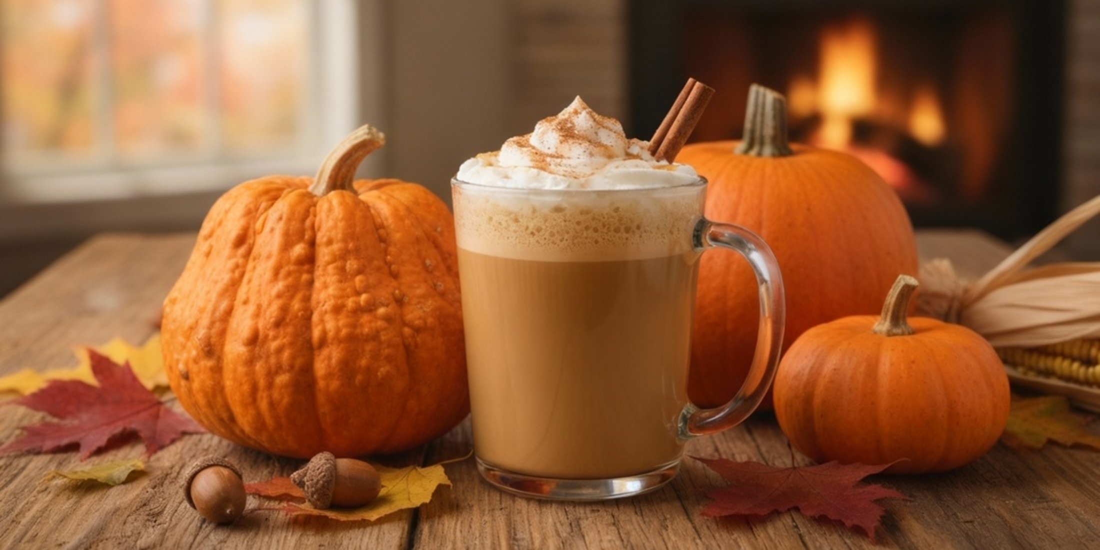 Image d'un pumpkin spice latte avec des citrouilles, des feuilles et des glands pour symboliser l'automne